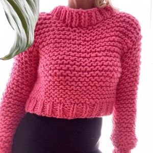New BOZIDARA Hand Knit Barbie Hot Pink Mock Neck Sweater